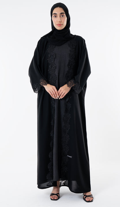 Open Black Abaya With Embroidery Lace In Bahrini Style