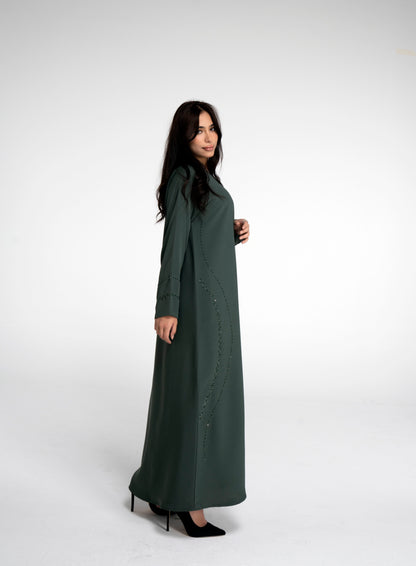 Green abaya with curve design and embellishments on front side and sleeve