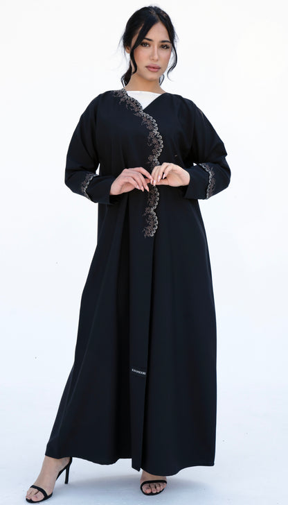 Embroidered Curve Pattern Overlap Abaya With Curve Cut Sleeve