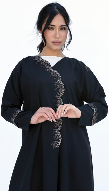Embroidered Curve Pattern Overlap Abaya With Curve Cut Sleeve