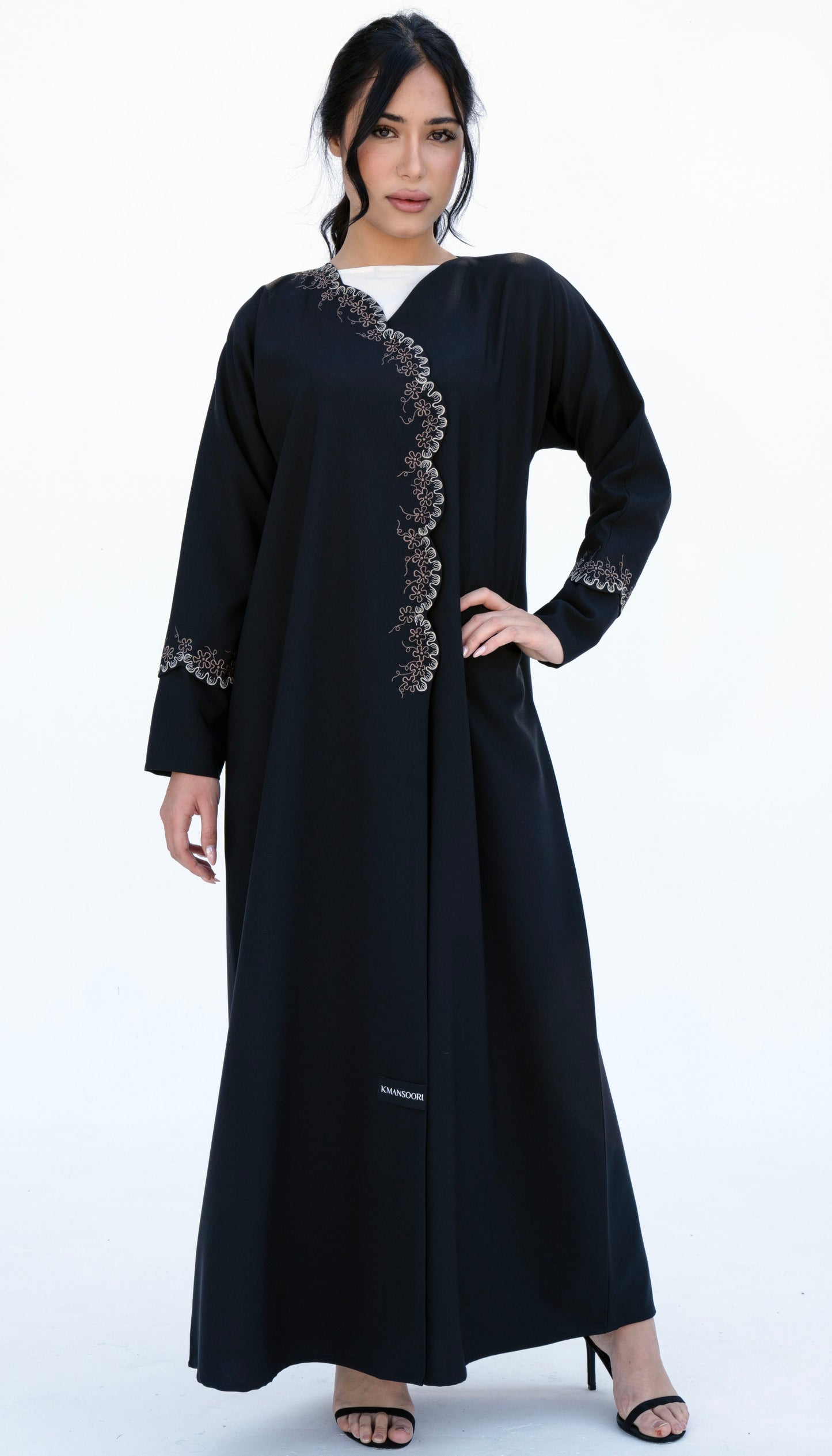 Embroidered Curve Pattern Overlap Abaya With Curve Cut Sleeve