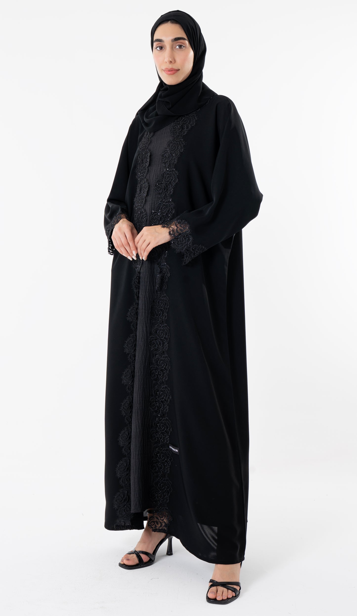 Open Black Abaya With Embroidery Lace In Bahrini Style