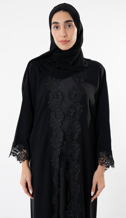 Open Black Abaya With Embroidery Lace In Bahrini Style