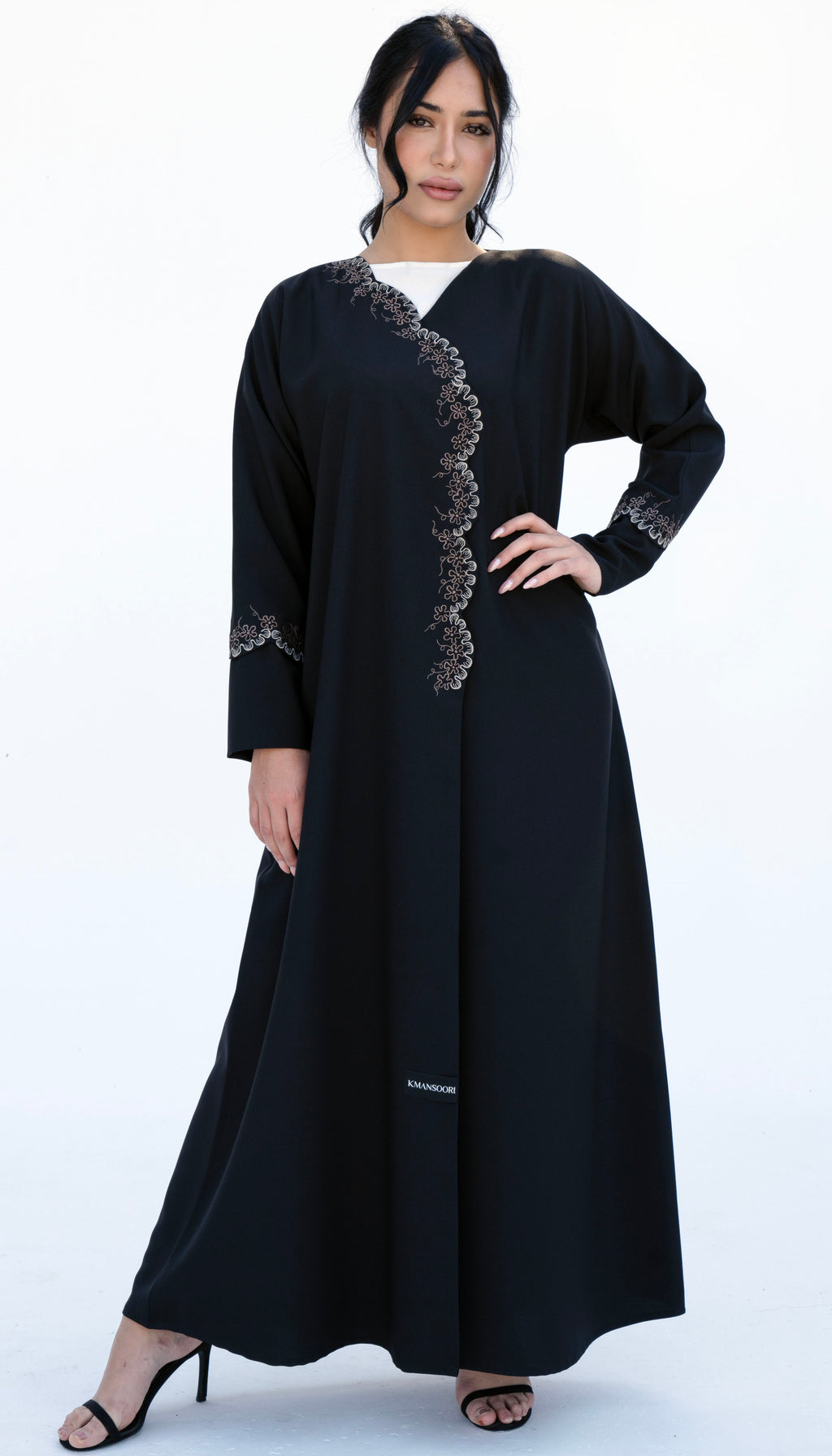 Embroidered Curve Pattern Overlap Abaya With Curve Cut Sleeve