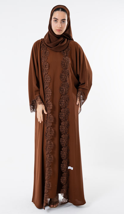 Open Brown Abaya With Embroidery Lace In Bahrini Style