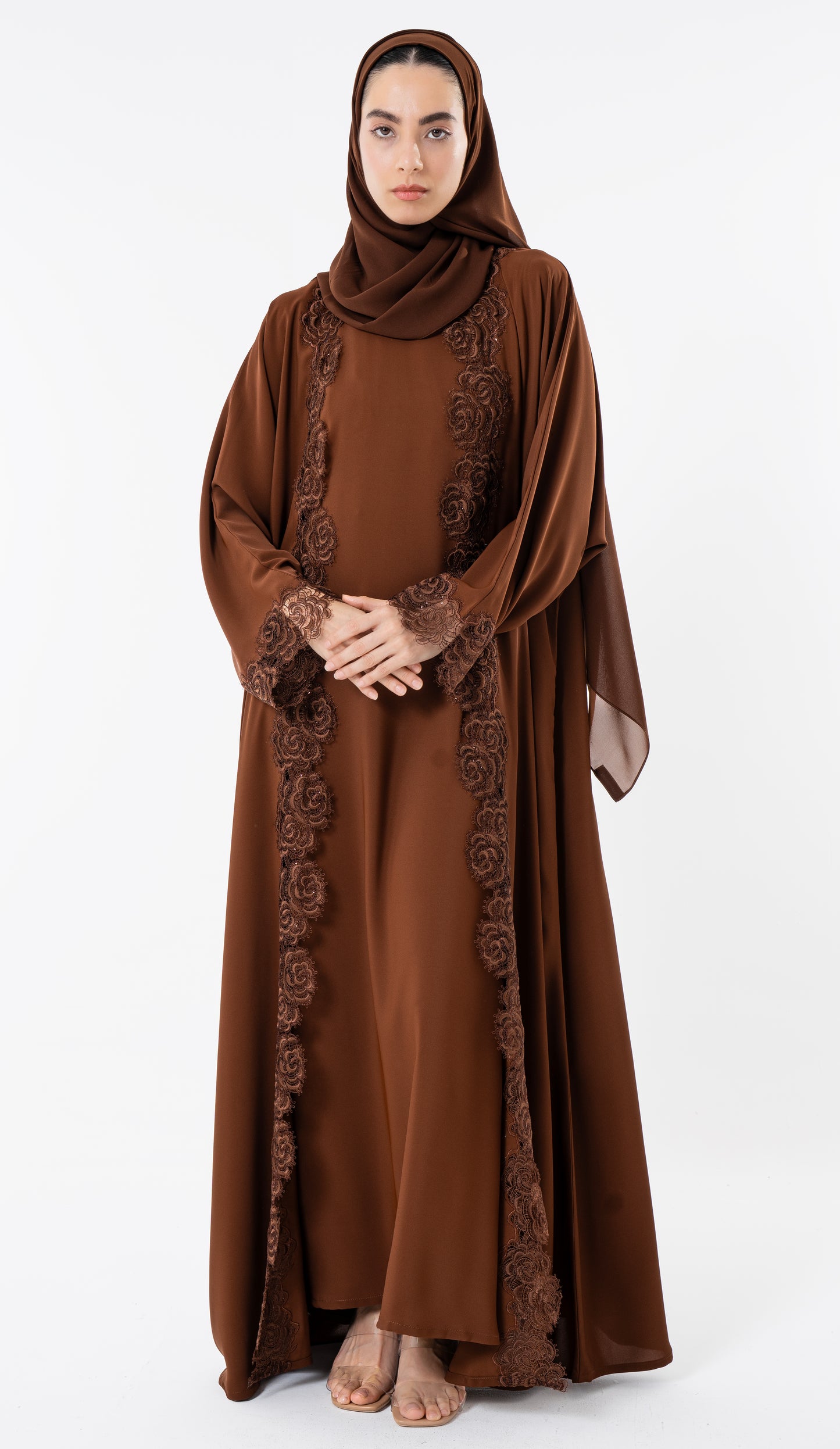 Open Brown Abaya With Embroidery Lace In Bahrini Style