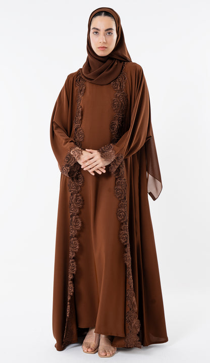 Open Brown Abaya With Embroidery Lace In Bahrini Style