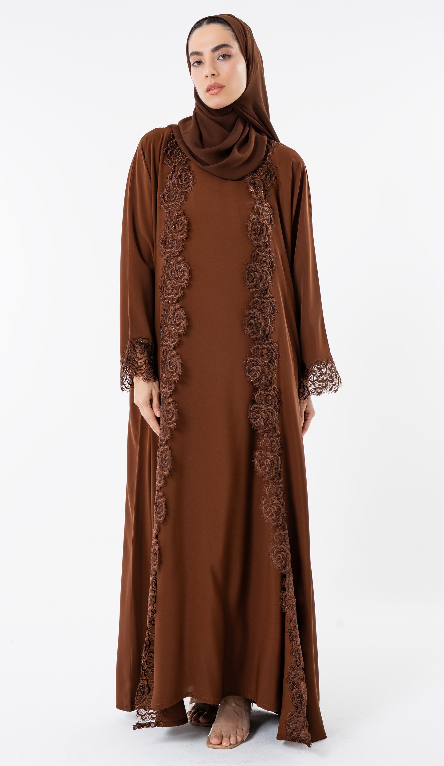 Open Brown Abaya With Embroidery Lace In Bahrini Style