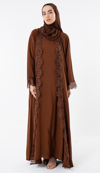 Open Brown Abaya With Embroidery Lace In Bahrini Style