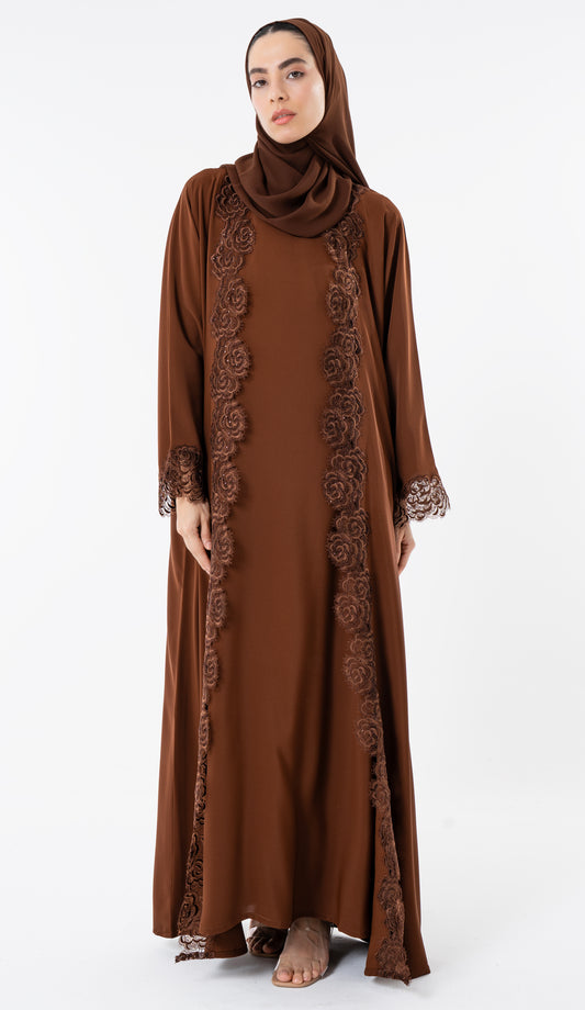 Open Brown Abaya With Embroidery Lace In Bahrini Style