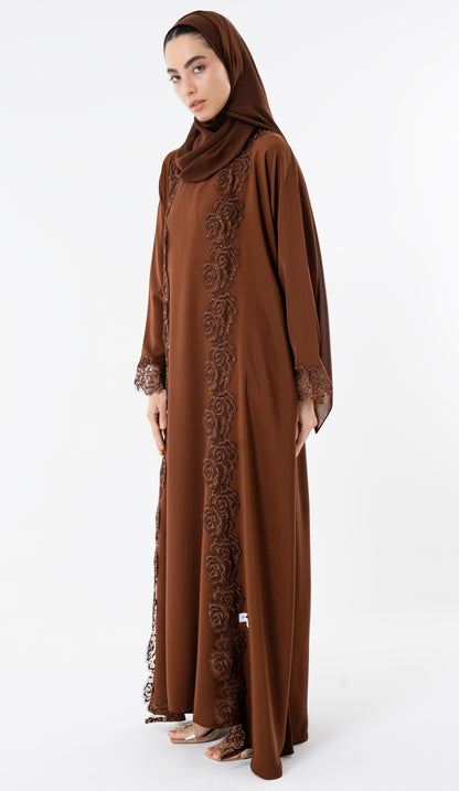 Open Brown Abaya With Embroidery Lace In Bahrini Style