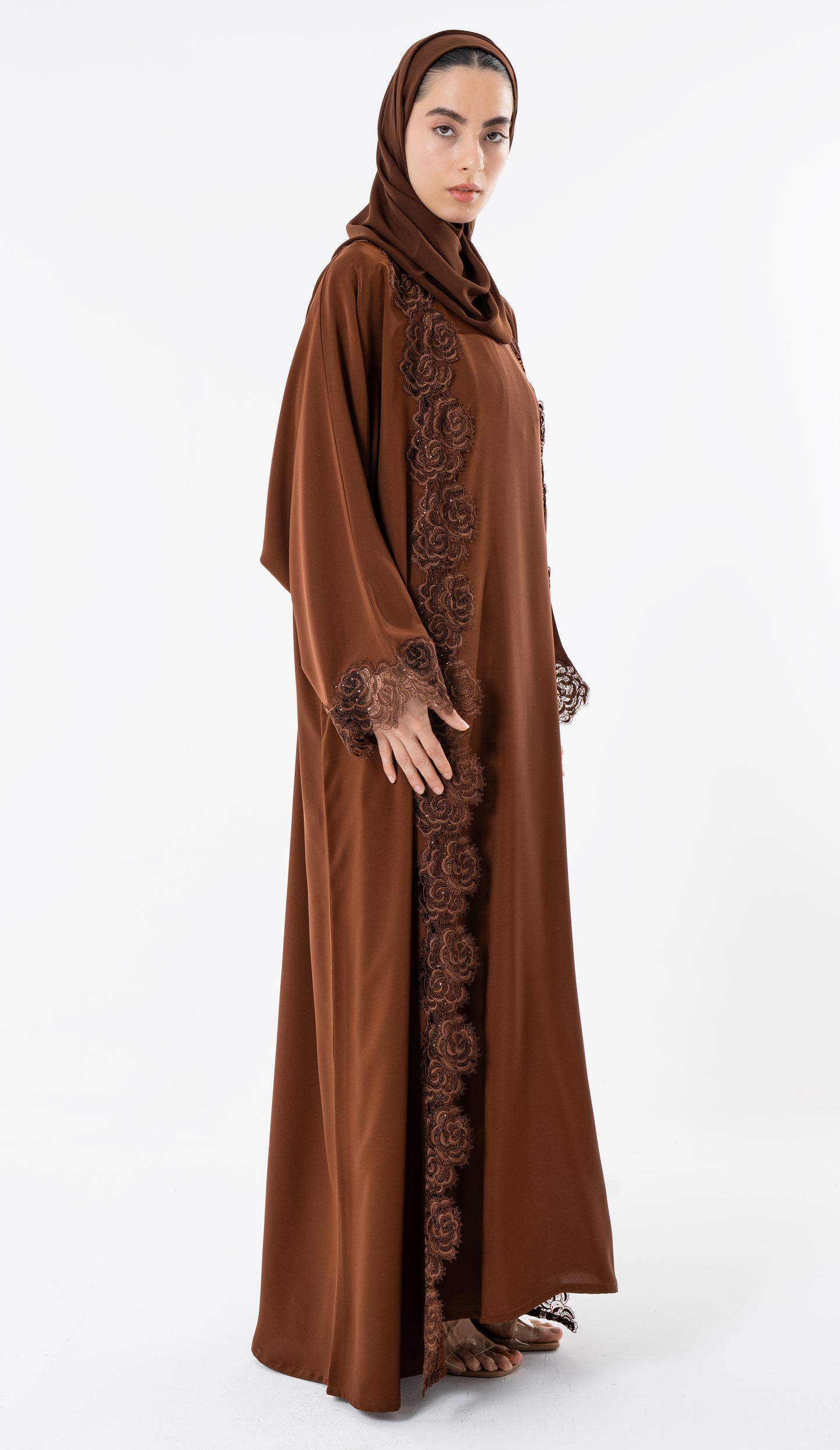 Open Brown Abaya With Embroidery Lace In Bahrini Style
