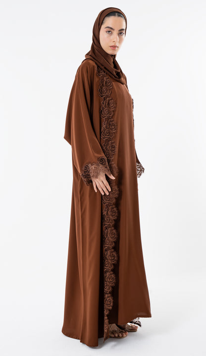 Open Brown Abaya With Embroidery Lace In Bahrini Style