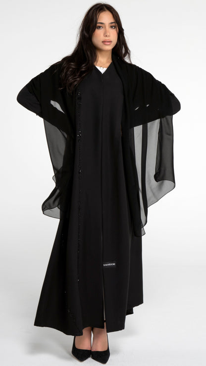 Black abaya with flower motif design line on front and simple bead line on sleeve