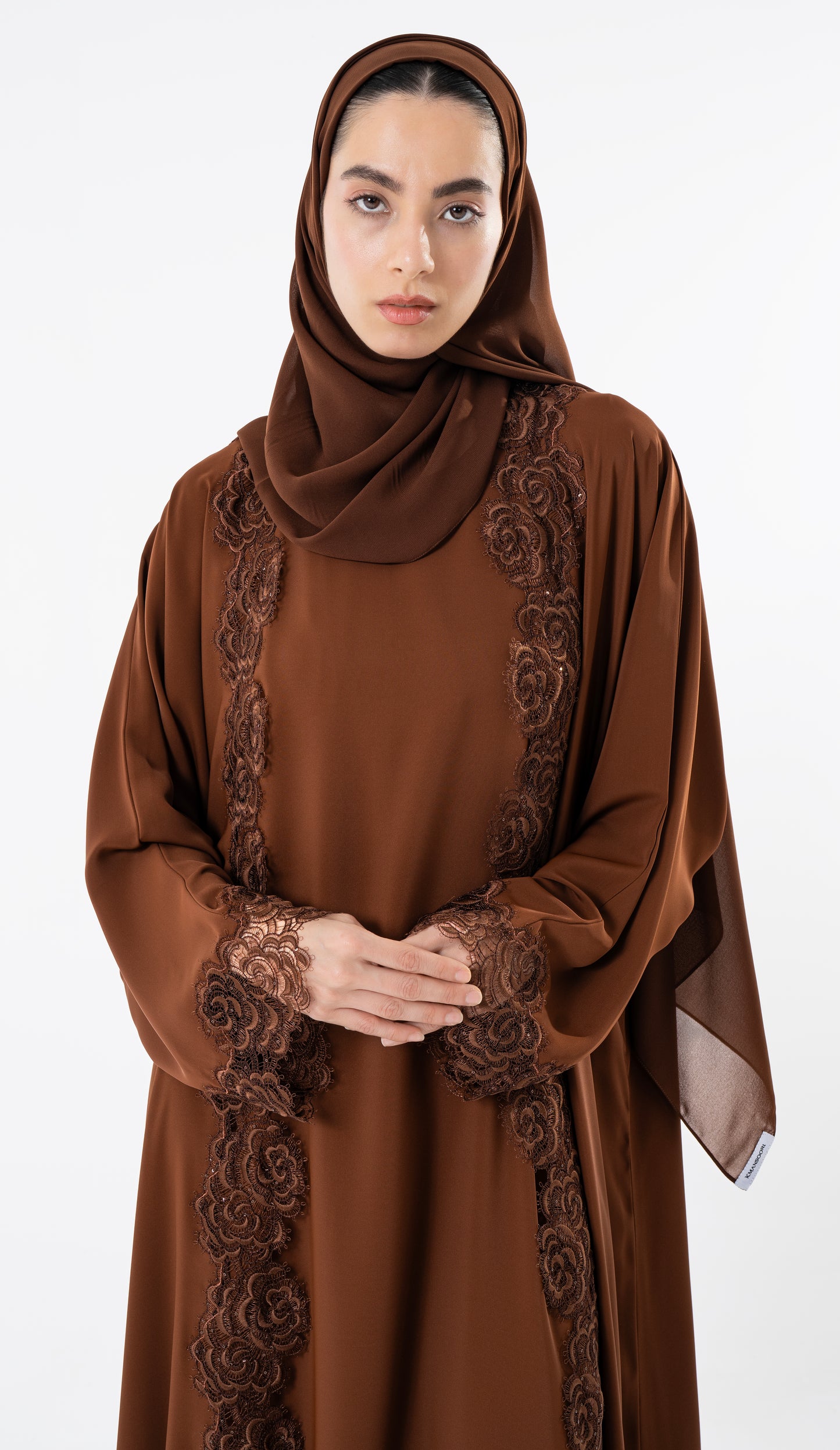 Open Brown Abaya With Embroidery Lace In Bahrini Style