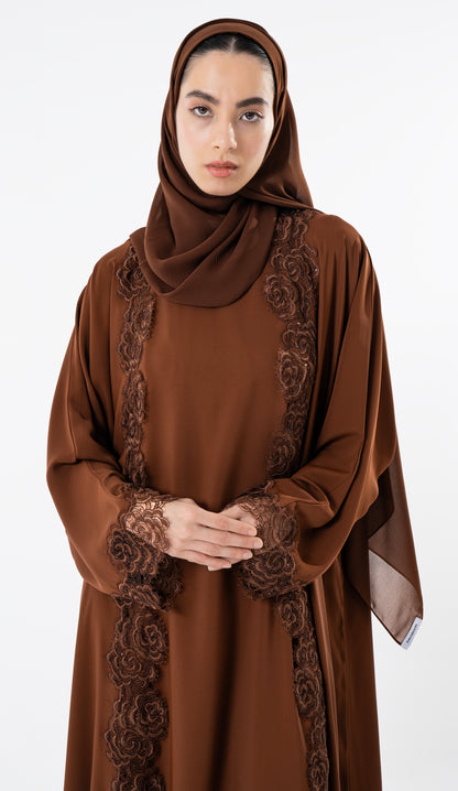 Open Brown Abaya With Embroidery Lace In Bahrini Style