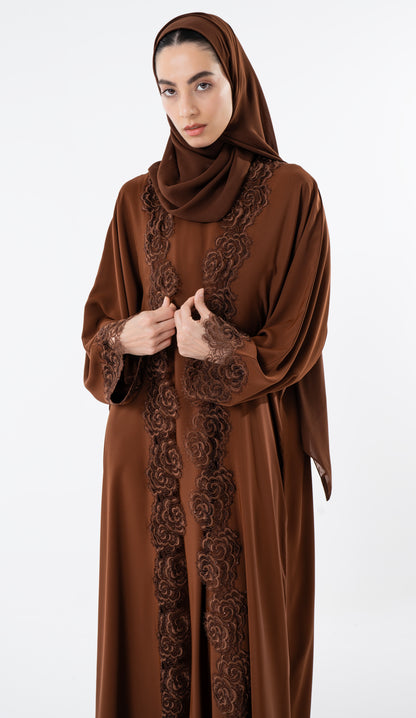 Open Brown Abaya With Embroidery Lace In Bahrini Style