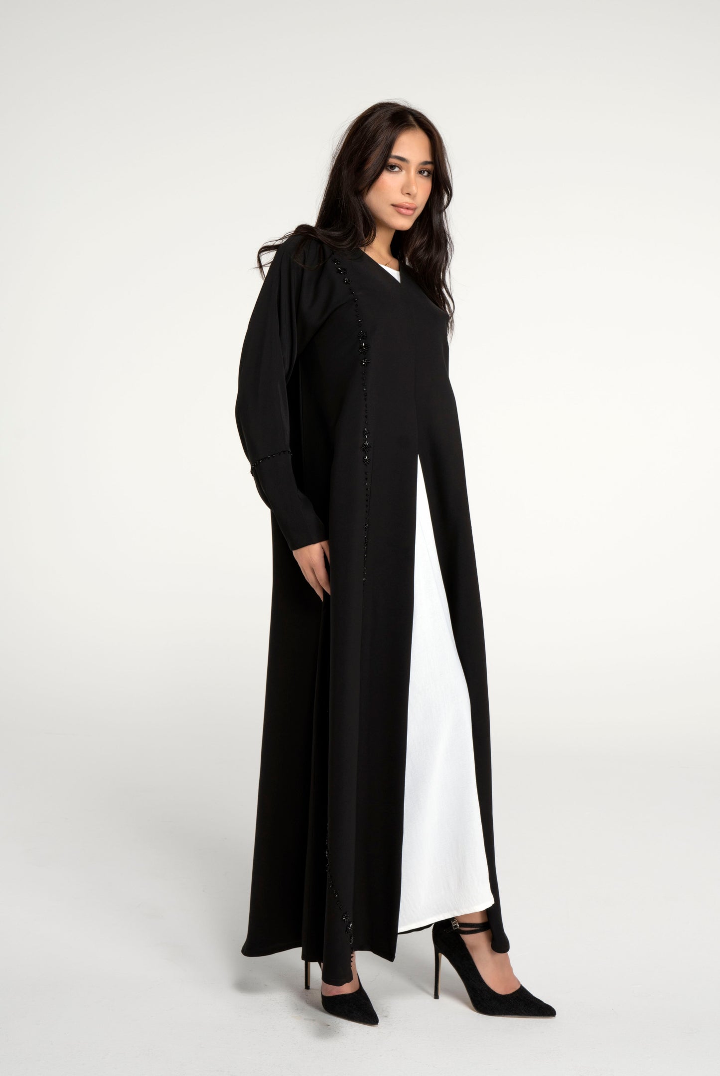 Black abaya with flower motif design line