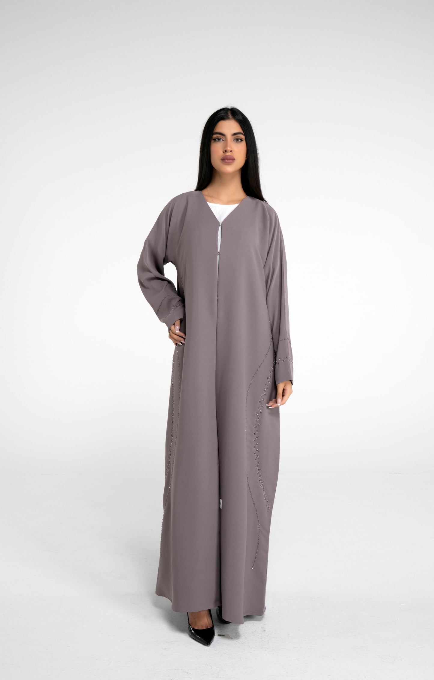 Brown abaya with embellishments on front and sleeve
