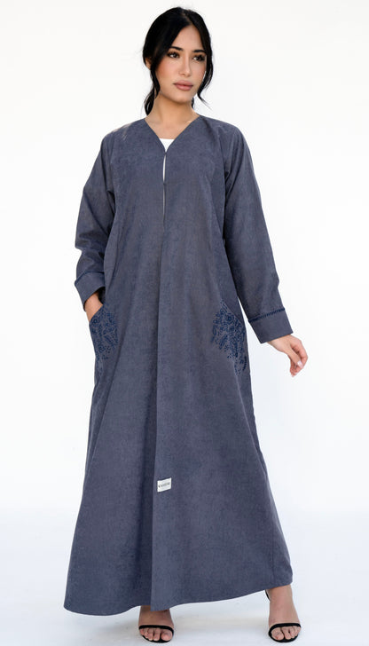 Floral Embroidered Pocket Abaya And Folded Sleeve With Simple Thread Stitch Details