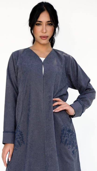 Floral Embroidered Pocket Abaya And Folded Sleeve With Simple Thread Stitch Details