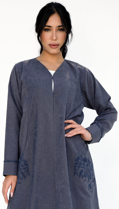Floral Embroidered Pocket Abaya And Folded Sleeve With Simple Thread Stitch Details