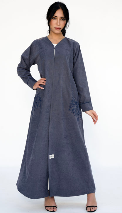 Floral Embroidered Pocket Abaya And Folded Sleeve With Simple Thread Stitch Details
