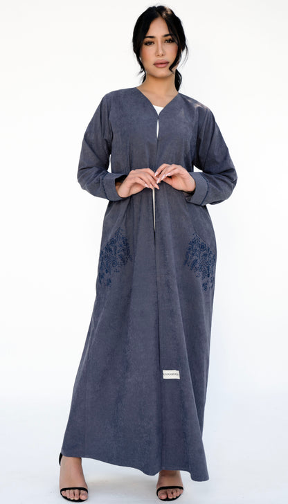 Floral Embroidered Pocket Abaya And Folded Sleeve With Simple Thread Stitch Details