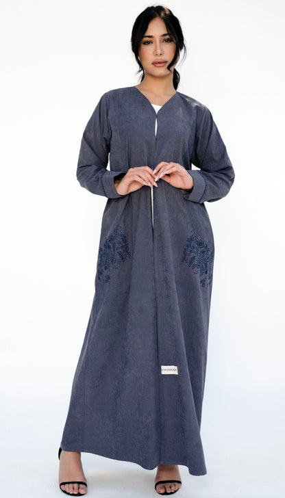 Floral Embroidered Pocket Abaya And Folded Sleeve With Simple Thread Stitch Details