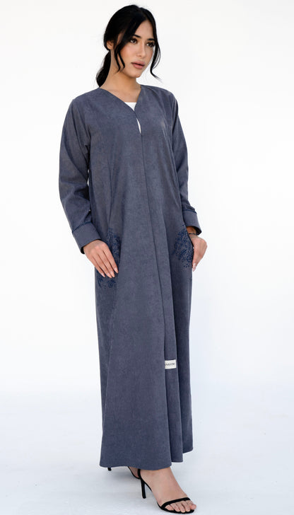 Floral Embroidered Pocket Abaya And Folded Sleeve With Simple Thread Stitch Details