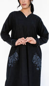 Floral Embroidered Pocket Abaya And Folded Sleeve With Simple Thread Stitch Details