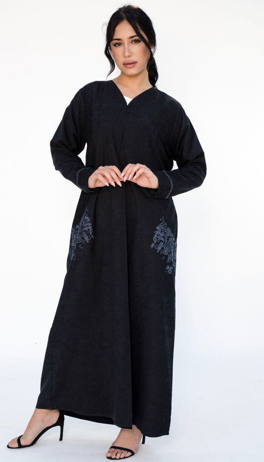 Floral Embroidered Pocket Abaya And Folded Sleeve With Simple Thread Stitch Details