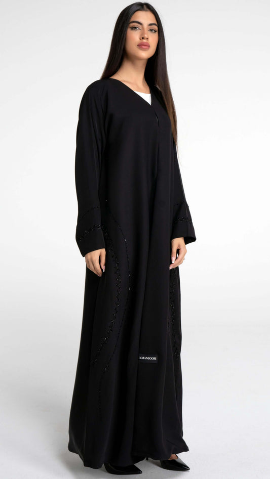 Black abaya with curve design embellishment on front side and sleeve