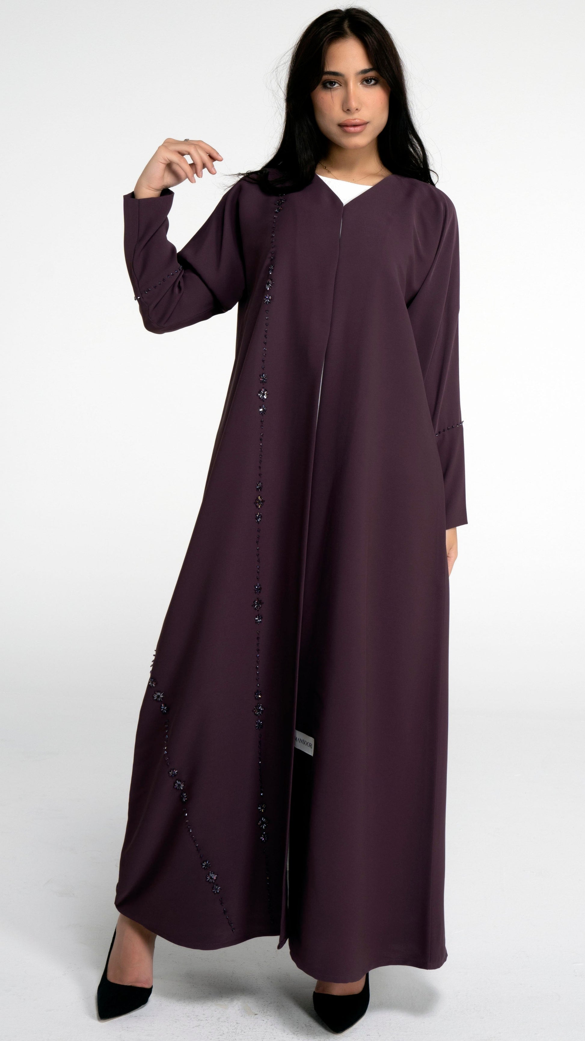 Purple abaya with flower motif design line on front and simple bead line on sleeve
