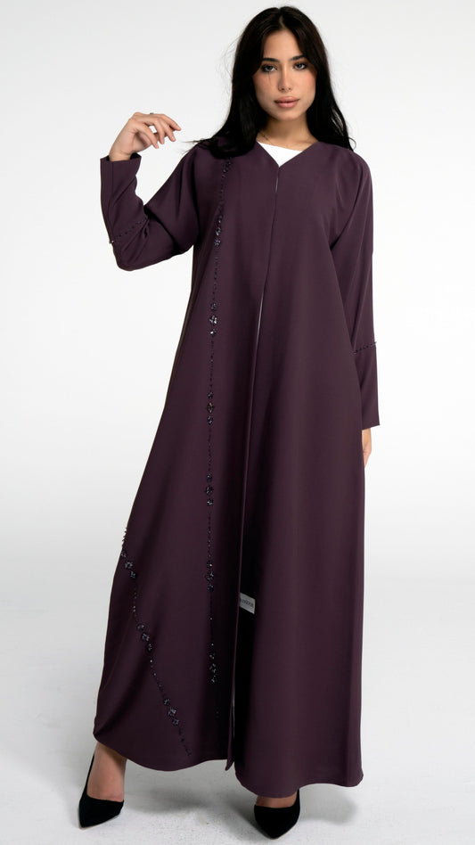 Purple abaya with flower motif design line on front and simple bead line on sleeve