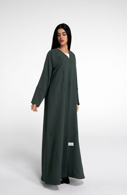 Abaya with flower motif design line on front and simple bead line on sleeve