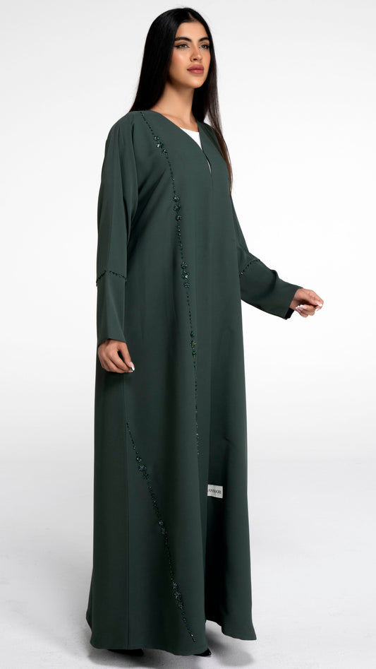 Green abaya with flower motif design line on front and bead line on sleeve