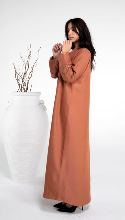 Orange abaya for women with floral thread embroidered sleeve with bead embellishments