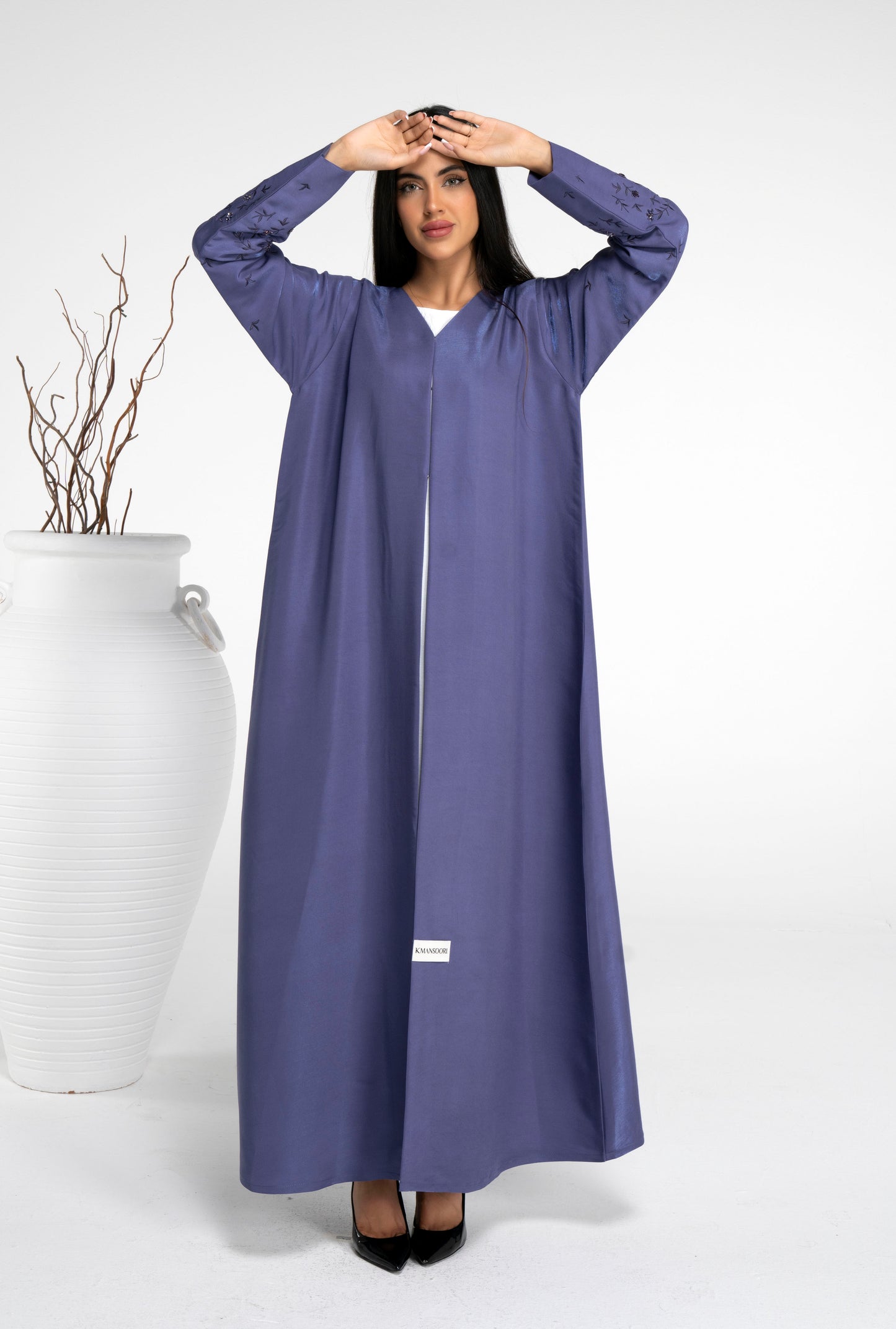 Blue Abaya With Thread Floral Embroidery Sleeve With Bead Embellishment