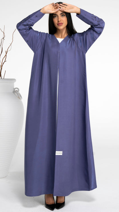 Blue Abaya With Thread Floral Embroidery Sleeve With Bead Embellishment