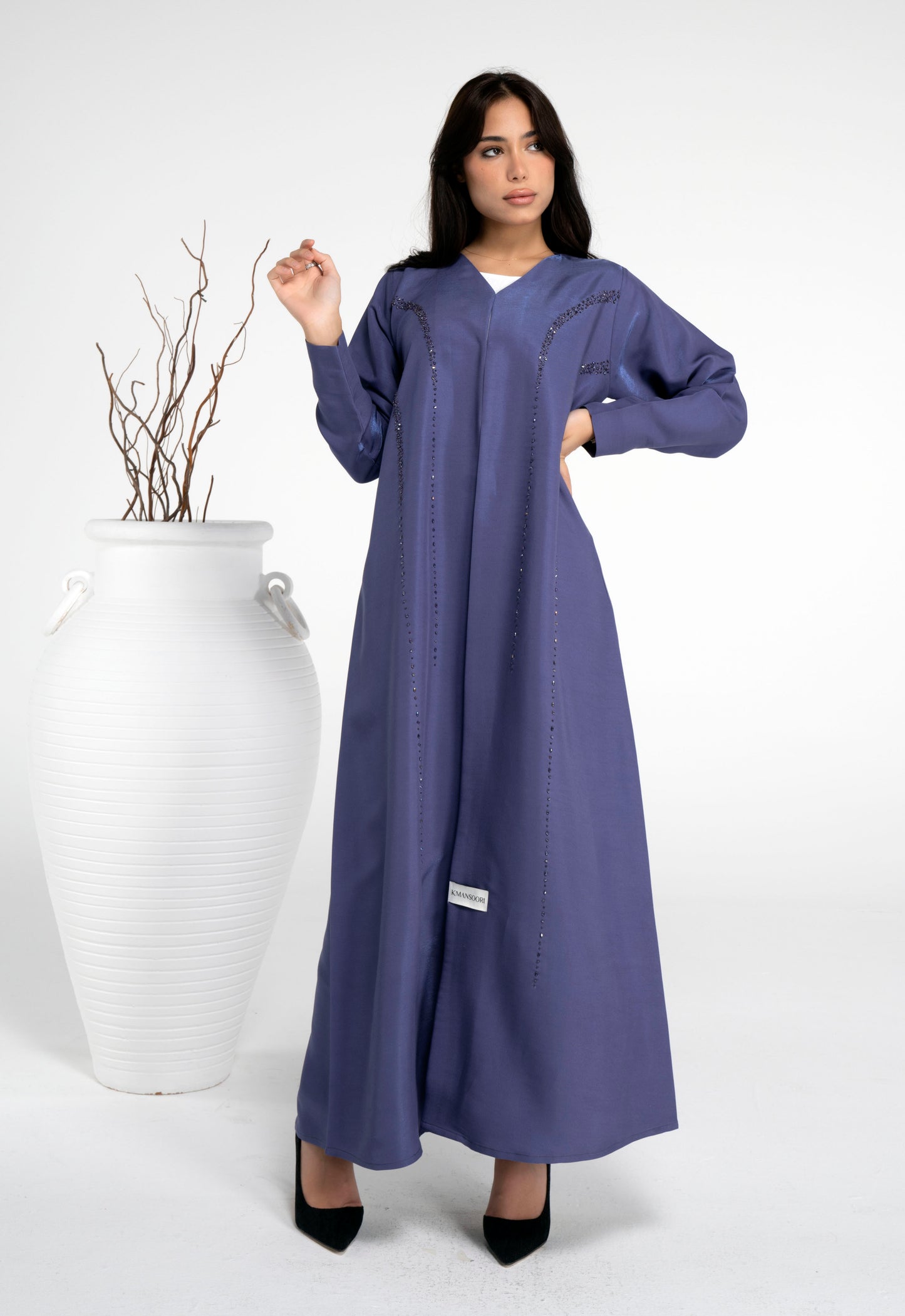 Blue abaya with princess line bead embellishment online