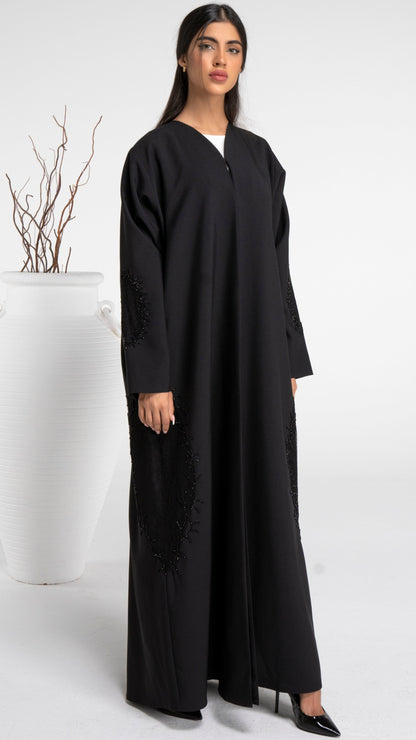 Black net abaya with bead detailing