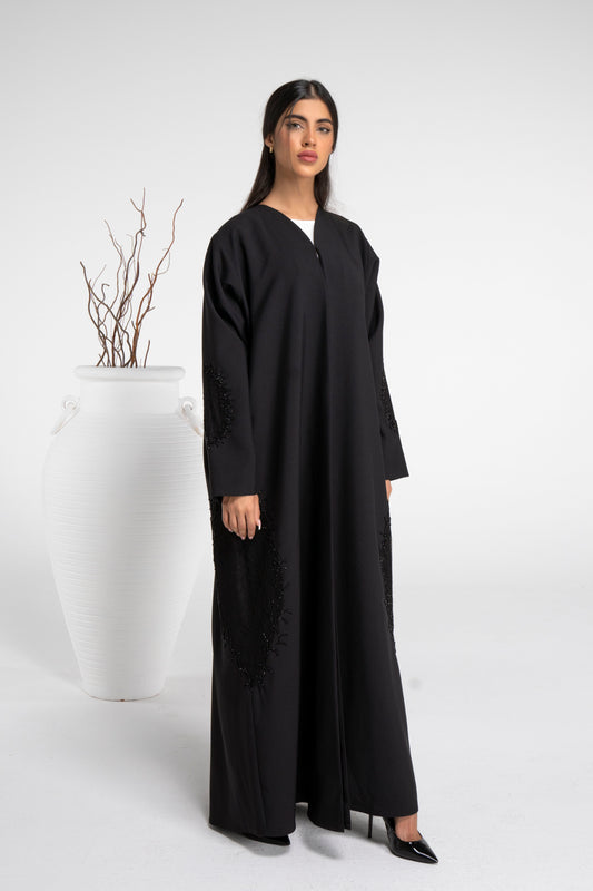 Black net abaya with bead detailing