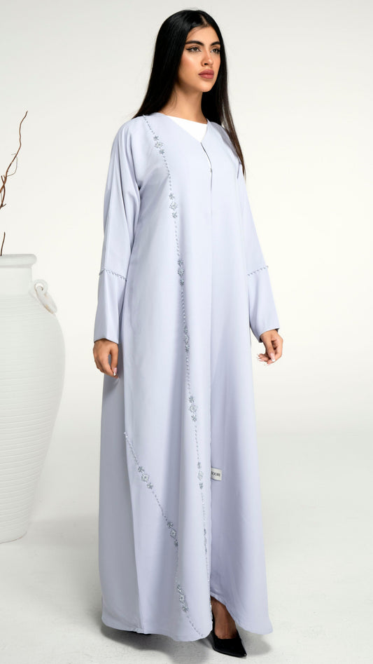 Light grey abaya with flower motif design line on front and bead line on sleeve