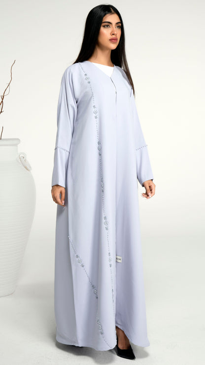 Light grey abaya with flower motif design line on front and bead line on sleeve