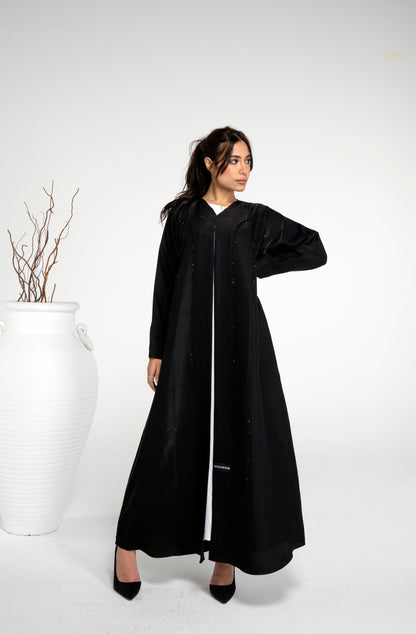 Black abaya with princess line bead embellishment