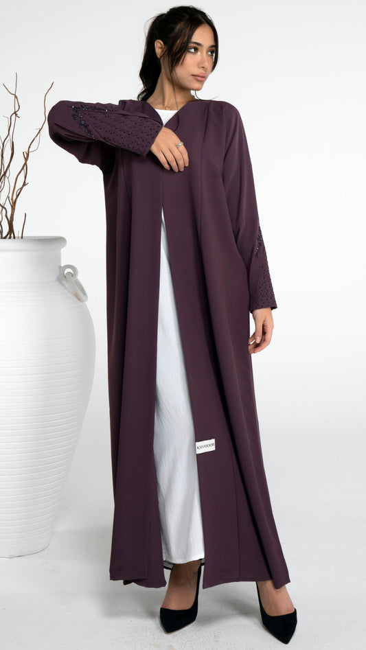 Purple abaya with floral design sleeve with bead embellishment