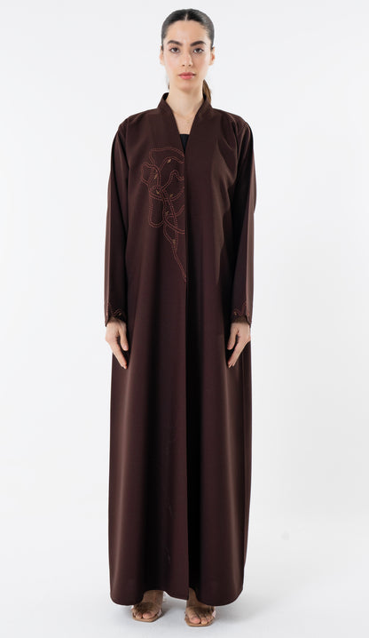 High Neck Brown Abaya With Thread And Bead Detailing