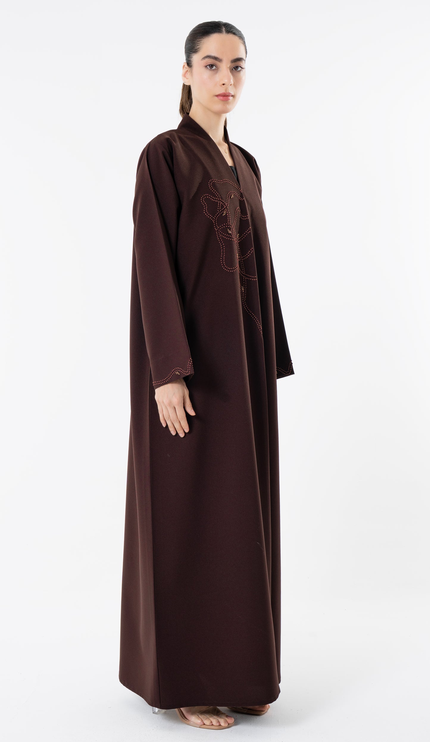 High Neck Brown Abaya With Thread And Bead Detailing