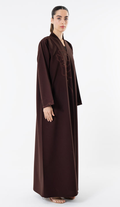 High Neck Brown Abaya With Thread And Bead Detailing
